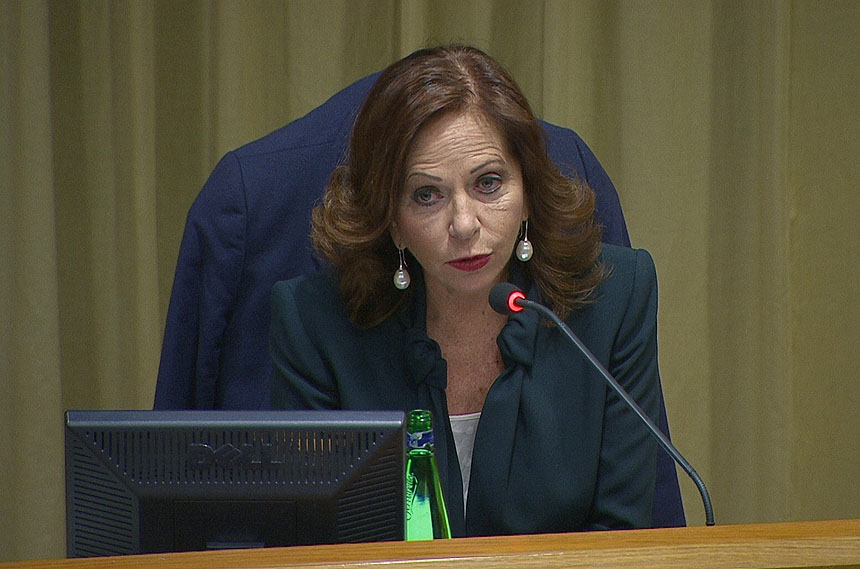 Television reporter Valentina Alazraki of Televisa speaks during a meeting on the protection of minors in the church at the Vatican Feb. 23, 2019, in this image taken from Vatican television. (CNS photo/Vatican Television)