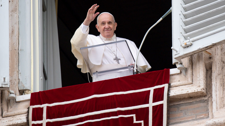 Pope Francis greets the crowd as he leads the Angelus from the window of his studio overlooking St. Peter's Square at the Vatican Nov. 28, 2021. (CNS photo/Vatican Media)