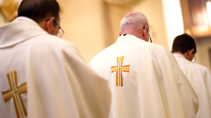 Priests are seen during a special Mass for vocations at Cure of Ars Church in Merrick, N.Y., Aug. 4, 2022, the feast of St. John Vianney, patron of parish priests. (CNS photo/Gregory A. Shemitz)