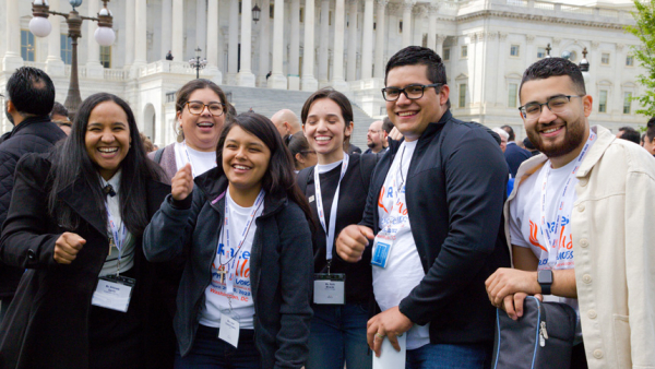 Kimberly Garcia, Guadalupe Saez, Janet Chávez España, Karla Miranda, Alejandro González and Marvin Molina from the Diocese of Arlington, Va., pose for a photo near the U.S. Capitol in Washington April 27, 2022, during the Raices and Alas advocacy day. (CNS photo/Ana Lucia Batista, Catholic Herald)